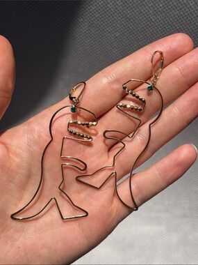 Gold Wire Face Outline Drop Earrings with Green Accent